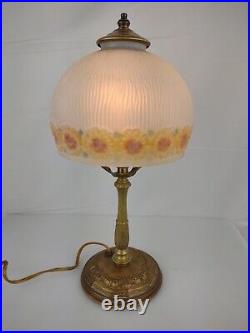 14 Tall Vintage Reverse Painted Floral Sunflower? Table Lamp Brass post