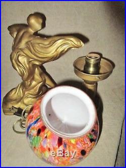 #183 VTG. ART DECO Spelter Lamp SEMI-NUDE WOMAN Figural Jewel tone Czech Shade