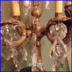 1950's Vintage Brass Candelabra Lamp With Teardrop Crystal Prisms