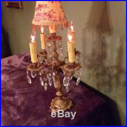 1950's Vintage Brass Candelabra Lamp With Teardrop Crystal Prisms