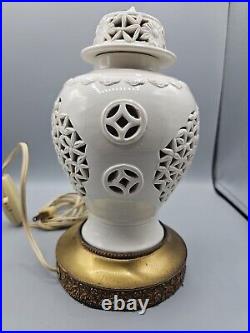 1950s Blanc De Chine Ginger Jar Reticulated Lantern Lamp