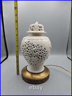 1950s Blanc De Chine Ginger Jar Reticulated Lantern Lamp