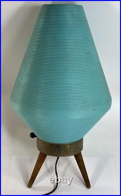 1960s Vintage MCM Atomic Table Lamp Teal UFO Ribbed Beehive Cone Shade Tripod