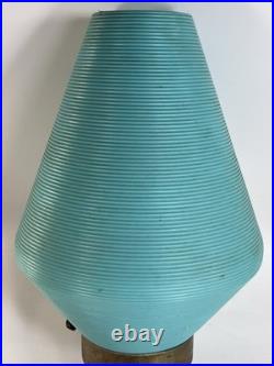 1960s Vintage MCM Atomic Table Lamp Teal UFO Ribbed Beehive Cone Shade Tripod