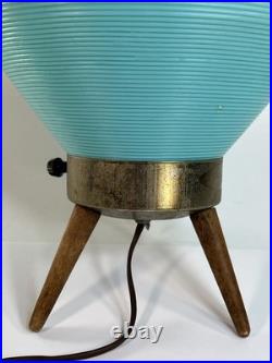 1960s Vintage MCM Atomic Table Lamp Teal UFO Ribbed Beehive Cone Shade Tripod 1960s Vintage MCM Atomic Table Lamp Teal UFO Ribbed Beehive Cone Shade Tripod