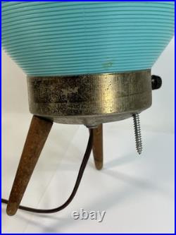 1960s Vintage MCM Atomic Table Lamp Teal UFO Ribbed Beehive Cone Shade Tripod