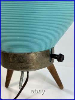 1960s Vintage MCM Atomic Table Lamp Teal UFO Ribbed Beehive Cone Shade Tripod
