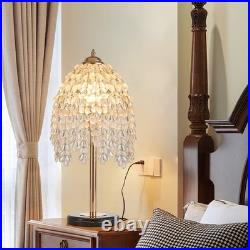 19 Table Lamp Vintage Crystal Bead String Shade Bedside Light Gold Desk Fixture
