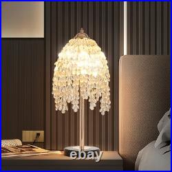 19 Table Lamp Vintage Crystal Bead String Shade Bedside Light Gold Desk Fixture