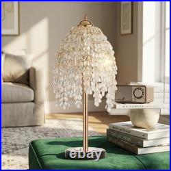 19 Table Lamp Vintage Crystal Bead String Shade Bedside Light Gold Desk Fixture