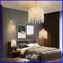 19 Table Lamp Vintage Crystal Bead String Shade Bedside Light Gold Desk Fixture