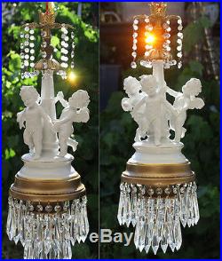 1 Porcelain chandelier Brass nude Cherub angel SWAG lamp vintage crystal prisms