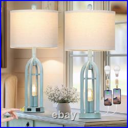 27 Farmhouse Table Lamps for Living Room, Blue Vintage Lamps Set of 2 with USB A