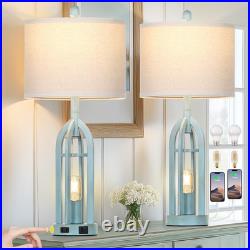 27 Farmhouse Table Lamps for Living Room, Blue Vintage Lamps Set of 2 with USB A
