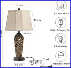 27 Set of 2 Farmhouse Table Lamps for Living Room with USB A+C Ports, Vintag