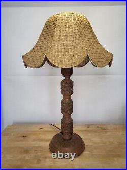 28 Vintage Mid Century Hand Carved Wood Rattan Bamboo Wicker Large Table Lamp