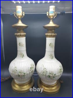 2 1960's Vintage Wilmar Co. White Floral Porcelain/Ceramic Brass Base Table Lamp