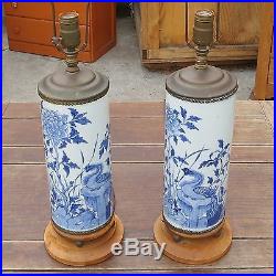 2 ASIAN STYLE BLUE ON WHITE Vintage TABLE/DESK LAMPS Lights CHINESE Birds Floral