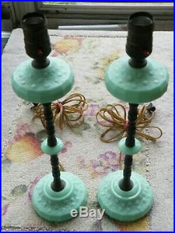 2 Art Deco Jadeite Green Glass Metal Lamps Vintage Antique Boudoir Table Lamp