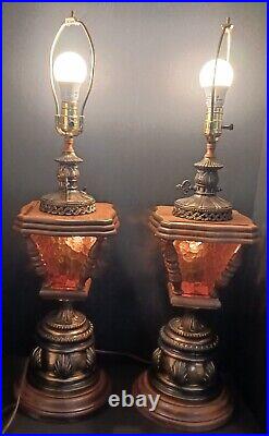 2 LARGE 32 TALL Table Lamps Wood Amber Glass UPPER+LOWER LIGHT VTG