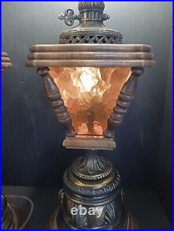 2 LARGE 32 TALL Table Lamps Wood Amber Glass UPPER+LOWER LIGHT VTG