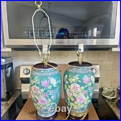 2 LARGE VINTAGE CHINESE PORCELAIN ceramic LAMPS. HAND PAINTED. FLORAL PEONIES