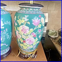 2 LARGE VINTAGE CHINESE PORCELAIN ceramic LAMPS. HAND PAINTED. FLORAL PEONIES