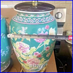 2 LARGE VINTAGE CHINESE PORCELAIN ceramic LAMPS. HAND PAINTED. FLORAL PEONIES