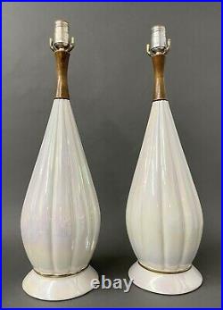 2 Mid Century Modern Moonglow White Iridescent Vintage Ceramic Table Lamp Pair