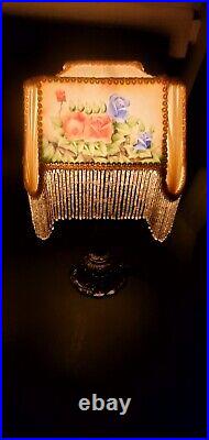 2 Reverse Painted Roses Table Lamp Beaded Fringe Vtg Antique Victorian 16.5
