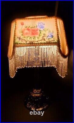 2 Reverse Painted Roses Table Lamp Beaded Fringe Vtg Antique Victorian 16.5