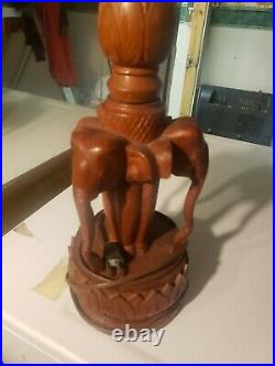 2 VINTAGE HAND CARVED WOOD 3 ELEPHANT TABLE LAMP with SHADE RARE