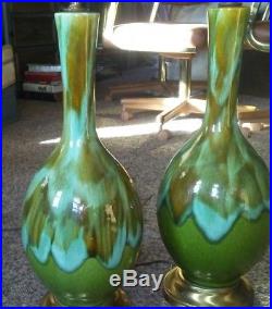 2 Vintage 1960's Mid Century Modern Pottery Green blue Drip Glaze Lamp