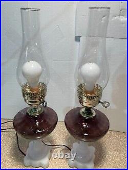 2 Vintage Amethyst GWTW Style Table Hurricane Lamp 22 Cloth Style Shade 21.5