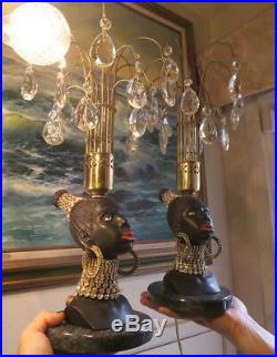 2 Vintage Jeweled Art Deco NUBIAN African Queen blackamoor Lamp Spelter Brass