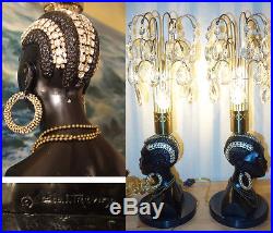 2 Vintage Jeweled Art Deco crystal African blackamoor Lamp Spelter Brass fountai