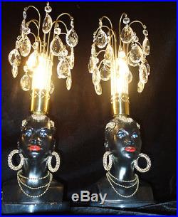 2 Vintage Jeweled Art Deco crystal African blackamoor Lamp Spelter Brass fountai