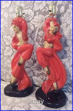 2 Vintage MCM Chalkware Pair Dancing Aladdin Arabian Genie Male Female Lamps