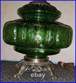 2 Vintage MCM Hollywood Regency Table Lamps withNight Light Green Glass Base