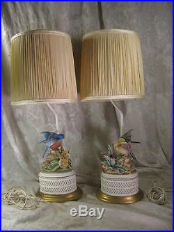 2 Vintage Matching Porcelain Bisque Blue Bird Yellow Finch Table Lamps