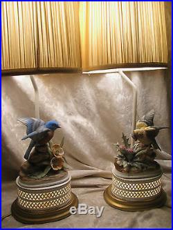 2 Vintage Matching Porcelain Bisque Blue Bird Yellow Finch Table Lamps