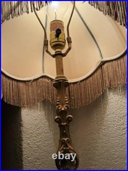 2 Vintage Metal Rose Gold Boudoir Lamps Victorian Revival Fringed Shades 28 In