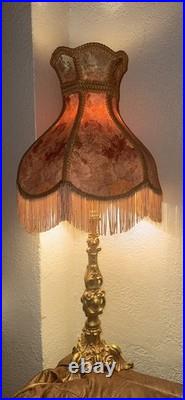 2 Vintage Metal Rose Gold Boudoir Lamps Victorian Revival Fringed Shades 28 In