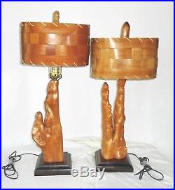 2 Vintage Mid Century Mod Cypress Knee Table Lamps w Basket Weave Wood Shades