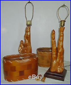 2 Vintage Mid Century Mod Cypress Knee Table Lamps w Basket Weave Wood Shades