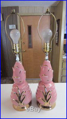 2 Vintage Pink & Gold Mid-Century Modern Table Lamps, Great Decor Set