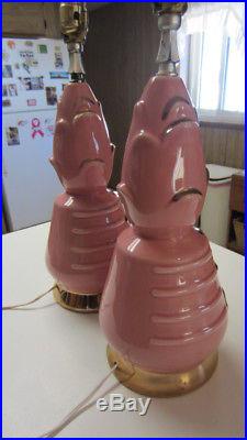 2 Vintage Pink & Gold Mid-Century Modern Table Lamps, Great Decor Set
