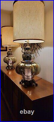 2 Vtg Authentic Falkenstein Mid Century Hollywood Iridescent Glass Brass Lamps