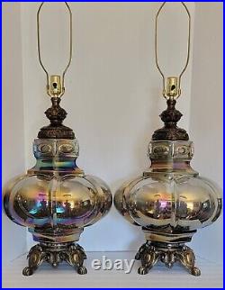 2 Vtg Authentic Falkenstein Mid Century Hollywood Iridescent Glass Brass Lamps