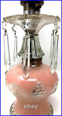 2 Vtg Victorian Pink Frosted Glass Hurricane Boudoir Lamps Glass Prisms/Crystals